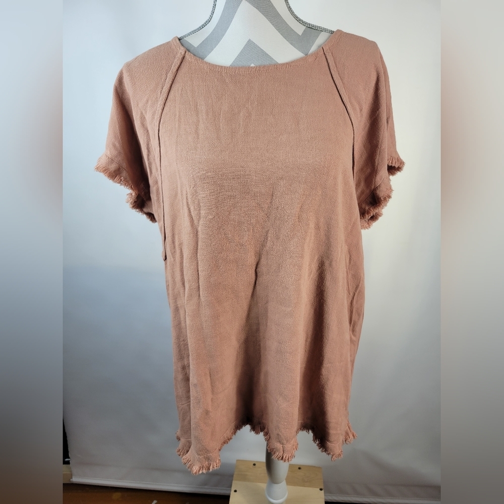 NWT Umgee USA Linen Cotton Blend Short Sleeve Fringed Salmon Pink Size Medium